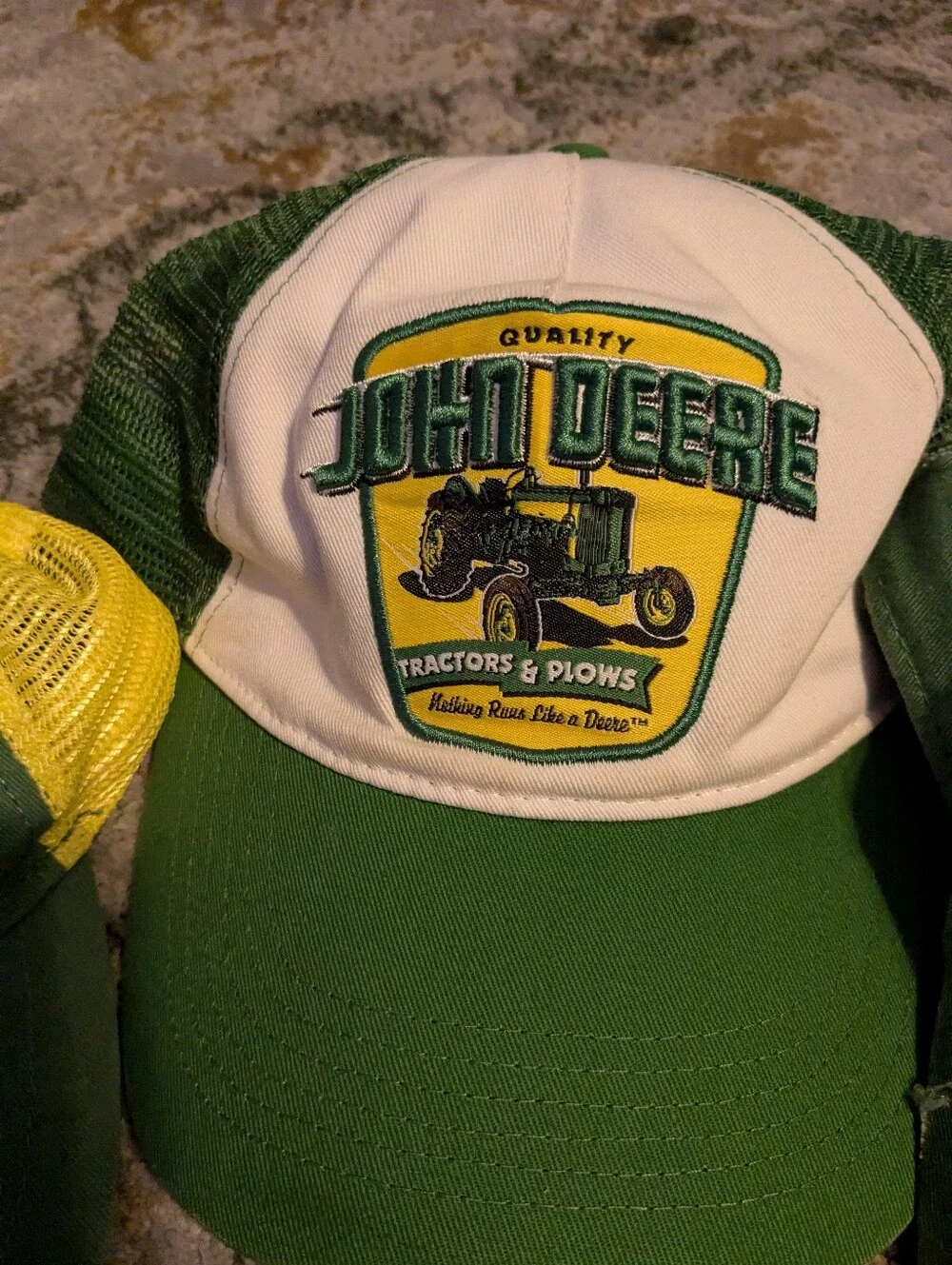A Trio Of John Deere Kids Green, White and Yellow Patch Cap